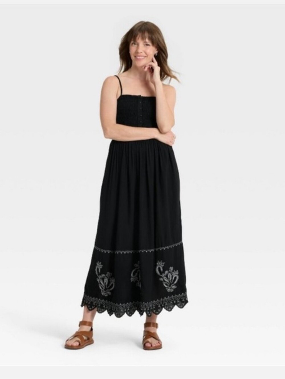 Universal Thread Smocked Embroidered Black Rayon Maxi Dress Medium
